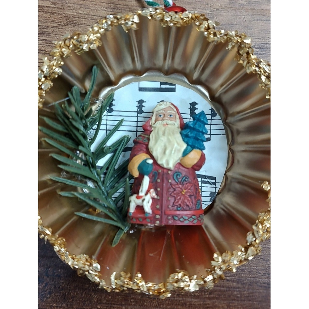 Father Christmas Santa Ornament OOAK Handmade Tart Tin VTG Diorama Music